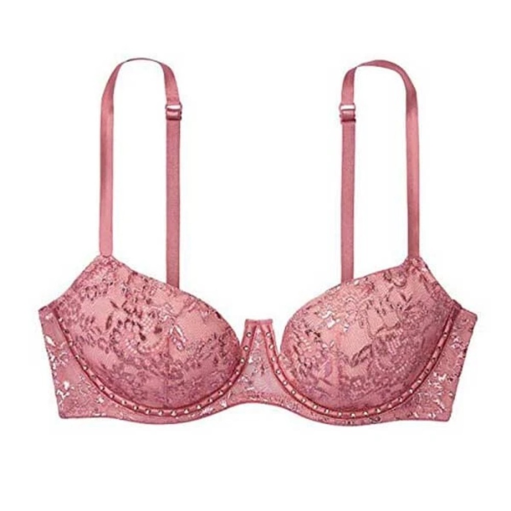 Victorias Secrets Very Sexy Soft Begonia Shine LACE Rhinestone Balconet Bra 34C